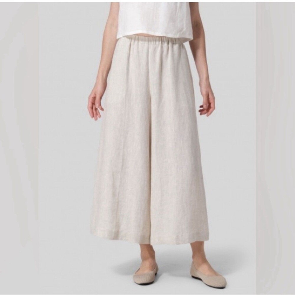 Vivid Womens S 100% Linen Wide Leg Crop Culotte Pants Pull On Beige Pockets